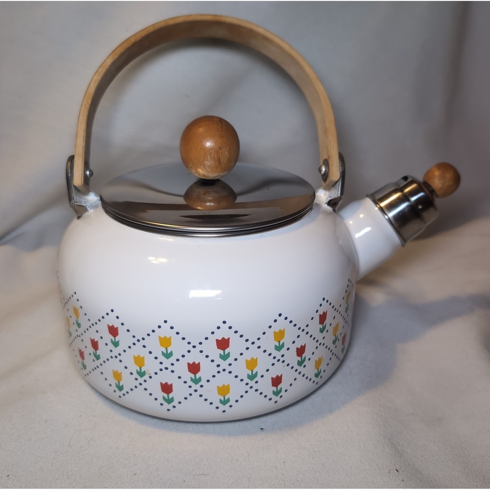 Vintage 80s Enamel Tea Kettle Pot Tulips Wooden Handle Cottage Core Grannycore